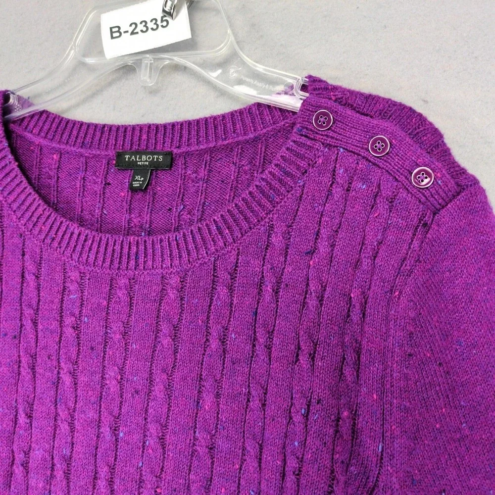 Talbots Purple Confetti Cable Knit Pullover Sweater Womens PXL Shoulder Buttons